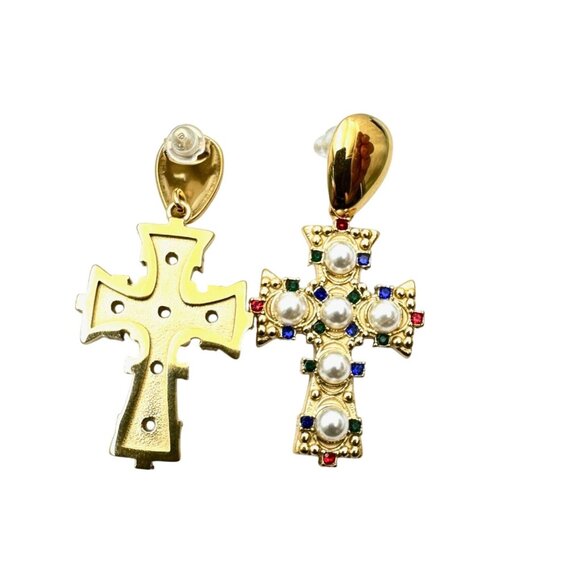 Womens Cross Earrings Rhinestone Faux Pearl Gold Plated Pierced Chandelier - Picture 7 of 8
